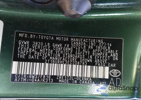 2014 Toyota Corolla Le from USA, damaged, VIN 2T1BURHE2EC208783